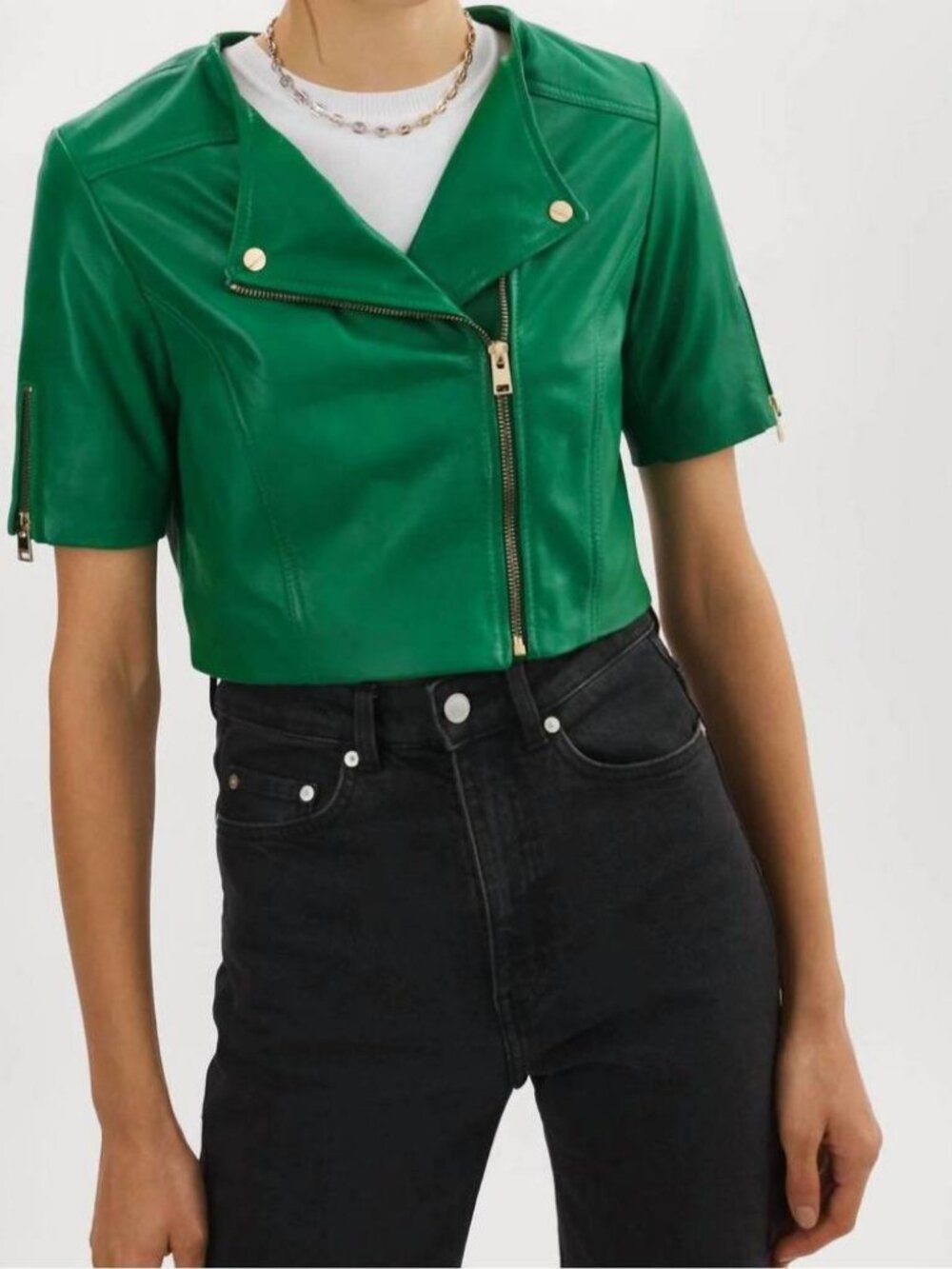NWT Womens Lamarque Kirsi Green (Item- 309) Lamb Leather Zip Crop Moto Jacket XS